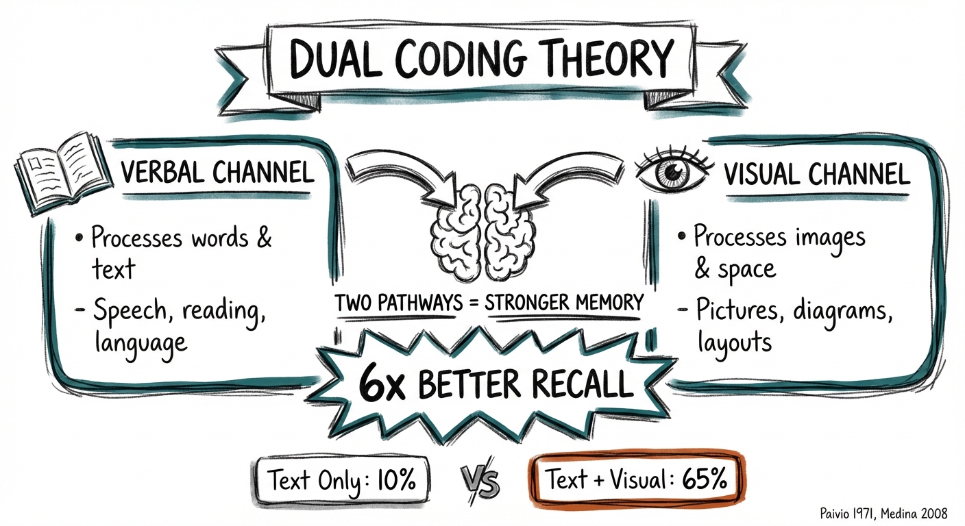 Dual coding theory visual: verbal channel and visual channel both flow into brain creating two memory pathways for 6x better recall