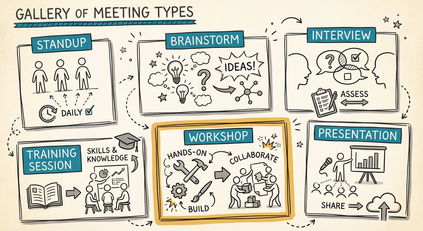 Sketchnote showing different meeting types that produce visual notes