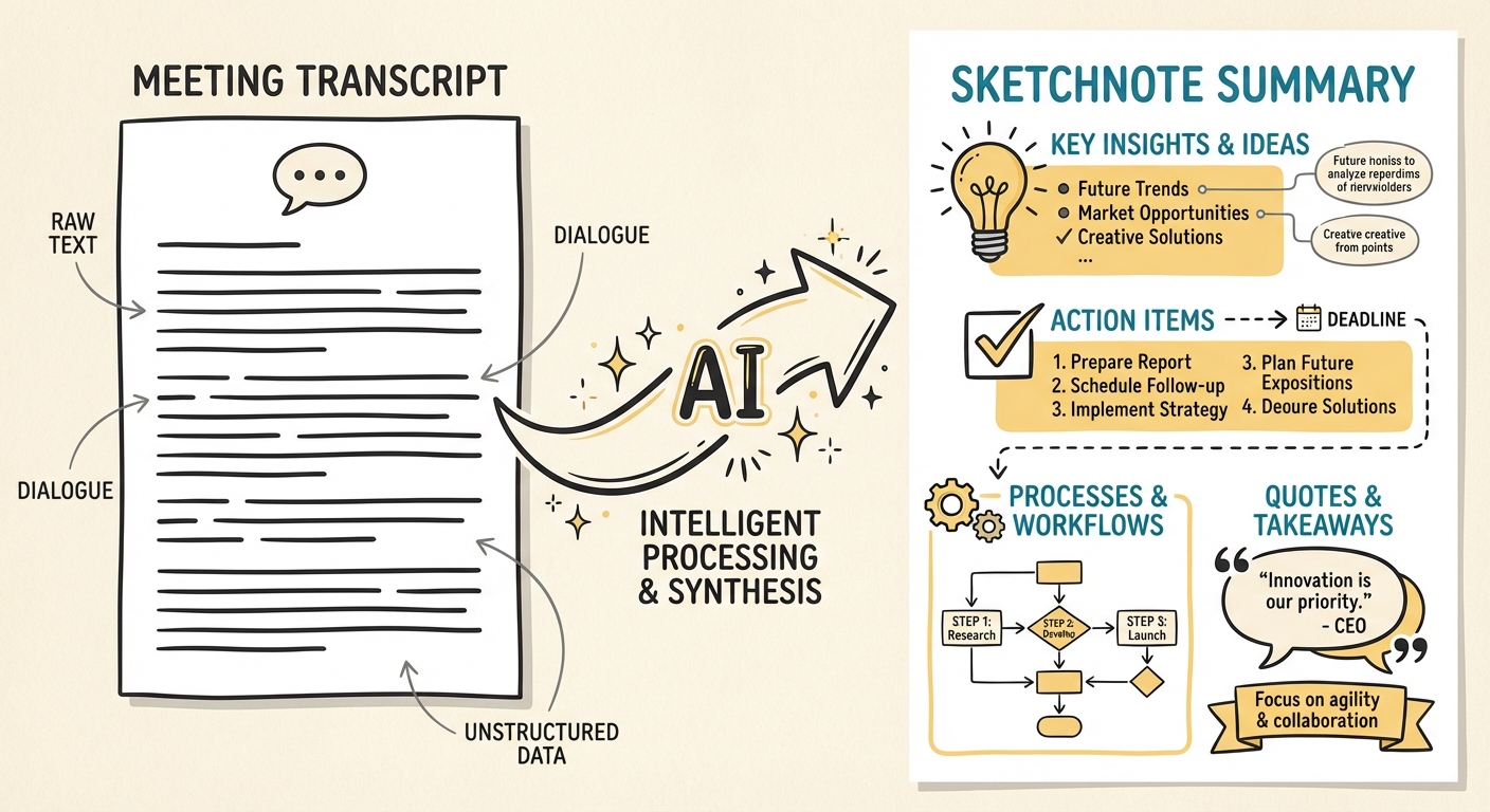 Sketchnote showing how SketchScript transforms a meeting transcript into a visual sketchnote